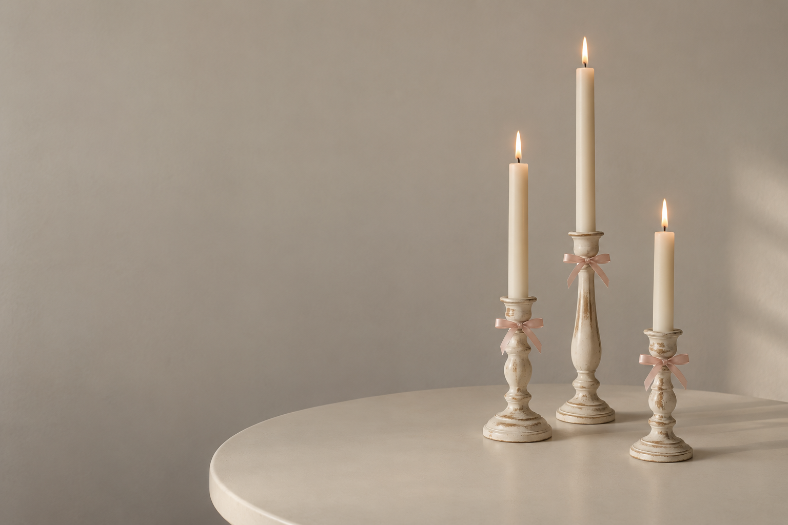 Three ivory candlesticks with delicate pink bows on a simple cream table